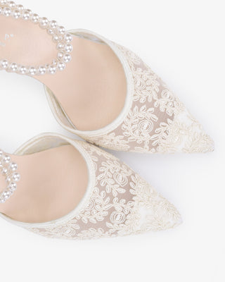 Wedding Lace Heels with Double Pearls Ankle Strap in Ivory