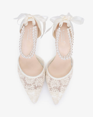 Wedding Lace Heels with Double Pearls Ankle Strap in Ivory