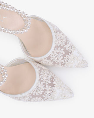 Wedding Lace Heels with Double Pearls Ankle Strap in White