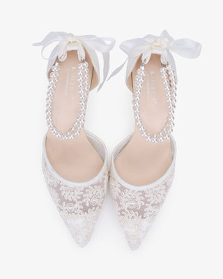 Wedding Lace Heels with Double Pearls Ankle Strap in White