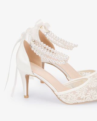 Wedding Lace Heels with Double Pearls Ankle Strap in Ivory