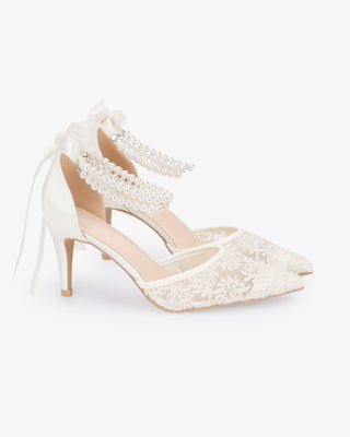 Wedding Lace Heels with Double Pearls Ankle Strap in Ivory