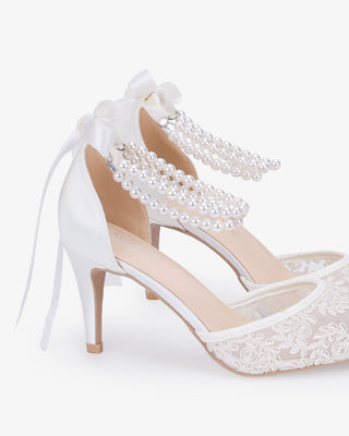 Wedding Lace Heels with Double Pearls Ankle Strap in White