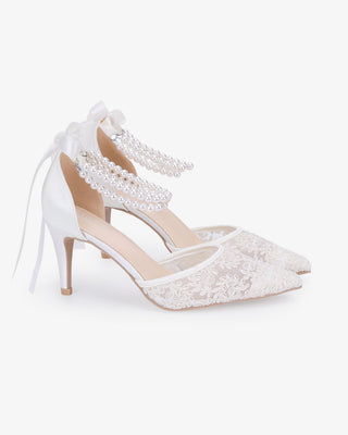 Wedding Lace Heels with Double Pearls Ankle Strap in White