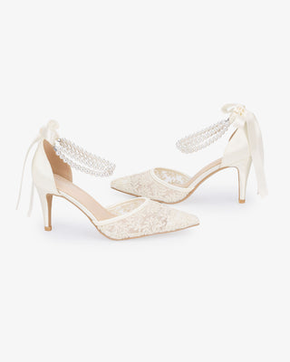 Wedding Lace Heels with Double Pearls Ankle Strap in Ivory