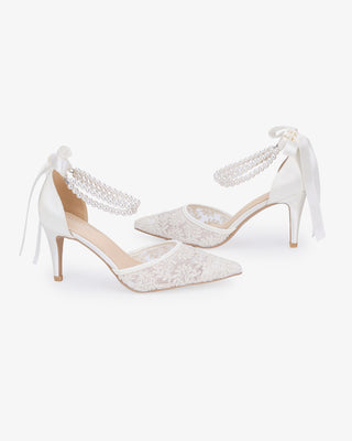 Wedding Lace Heels with Double Pearls Ankle Strap in White