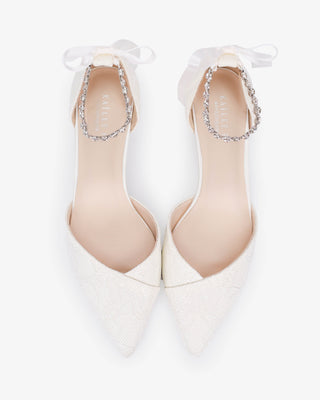 Lace Pointy Toe Low Block Heels Wedding Shoes with Amaryllis Strap in Ivory