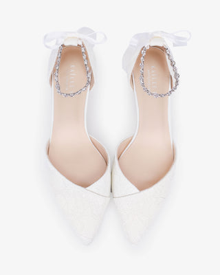Lace Pointy Toe Low Block Heels Wedding Shoes with Amaryllis Strap in White