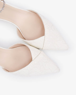 Lace Pointy Toe Low Block Heels Wedding Shoes with Amaryllis Strap in Ivory