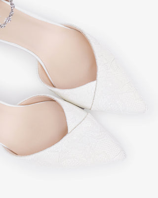 Lace Pointy Toe Low Block Heels Wedding Shoes with Amaryllis Strap in White