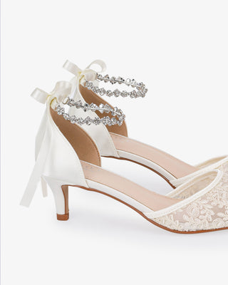 Crochet Lace Pointy Toe Wedding Kitten Low Heel with Amaryllis Strap in Ivory