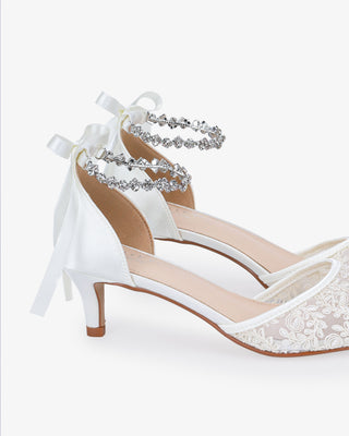 Crochet Lace Pointy Toe Wedding Kitten Low Heel with Amaryllis Strap in White