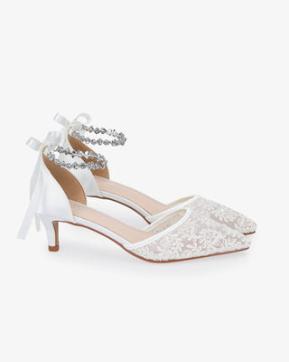 Crochet Lace Pointy Toe Wedding Kitten Low Heel with Amaryllis Strap in White