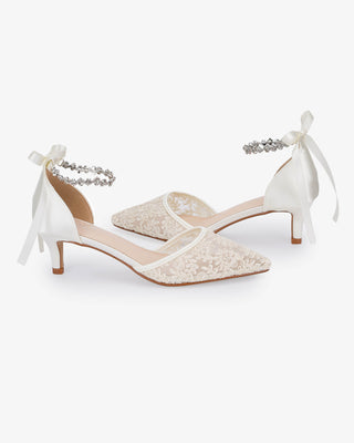 Crochet Lace Pointy Toe Wedding Kitten Low Heel with Amaryllis Strap in Ivory