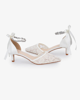 Crochet Lace Pointy Toe Wedding Kitten Low Heel with Amaryllis Strap in White