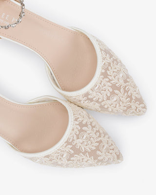 Crochet Lace Pointy Toe Wedding Kitten Low Heel with Amaryllis Strap in Ivory