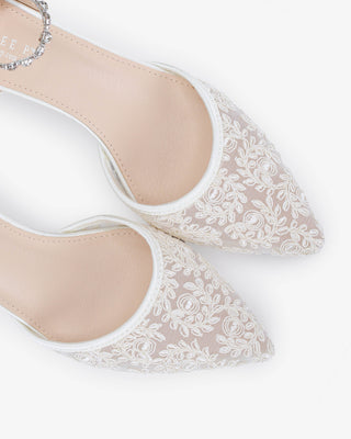 Crochet Lace Pointy Toe Wedding Kitten Low Heel with Amaryllis Strap in White