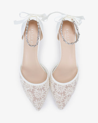 Crochet Lace Pointy Toe Wedding Kitten Low Heel with Amaryllis Strap in White