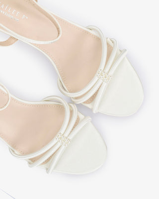Satin Strappy Kitten Heel Wedding Sandals with Pearls Accents in Ivory
