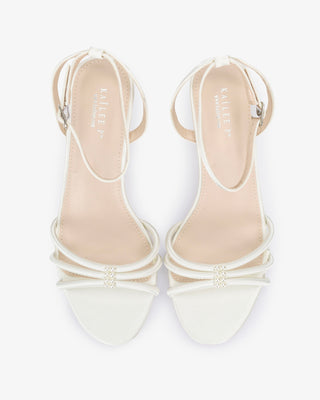 Satin Strappy Kitten Heel Wedding Sandals with Pearls Accents in Ivory