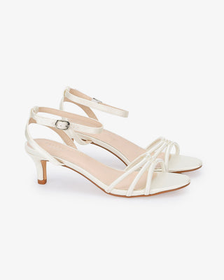 Satin Strappy Kitten Heel Wedding Sandals with Pearls Accents in Ivory