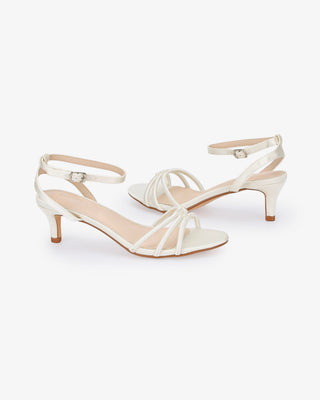 Satin Strappy Kitten Heel Wedding Sandals with Pearls Accents in Ivory