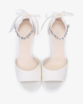 Satin Block Heel Wedding Sandals with Navette Cluster Rhinestones Strap