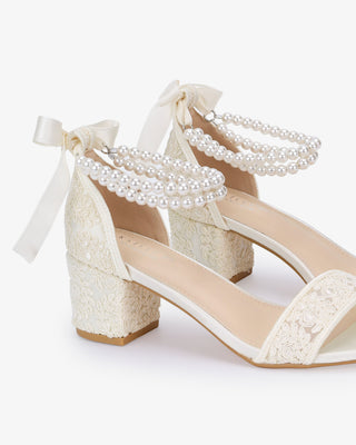 Crochet Lace Block Heel Wedding Sandals with Double Pearl Ankle Strap in Ivory
