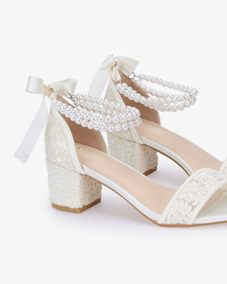 Crochet Lace Block Heel Wedding Sandals with Double Pearl Ankle Strap in White