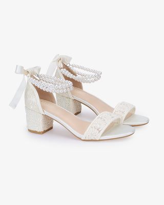 Crochet Lace Block Heel Wedding Sandals with Double Pearl Ankle Strap in White