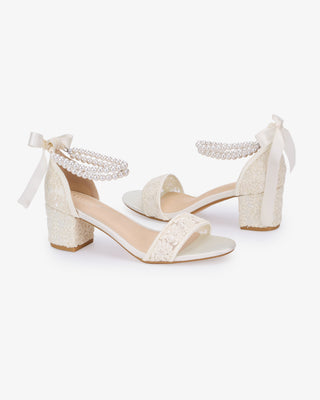 Crochet Lace Block Heel Wedding Sandals with Double Pearl Ankle Strap in Ivory