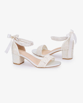 Crochet Lace Block Heel Wedding Sandals with Double Pearl Ankle Strap in White
