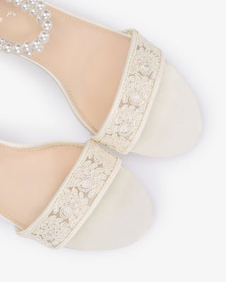 Crochet Lace Block Heel Wedding Sandals with Double Pearl Ankle Strap in Ivory