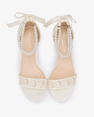 Crochet Lace Block Heel Wedding Sandals with Double Pearl Ankle Strap in Ivory