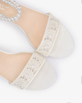 Crochet Lace Block Heel Wedding Sandals with Double Pearl Ankle Strap in White