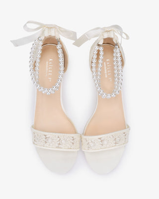 Crochet Lace Block Heel Wedding Sandals with Double Pearl Ankle Strap in White