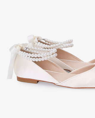 Satin Round Toe Wedding Flat with Double Pearls Ankle Strap in Ivory