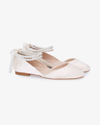 Satin Round Toe Wedding Flat with Double Pearls Ankle Strap in Ivory