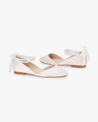 Satin Round Toe Wedding Flat with Double Pearls Ankle Strap in Ivory