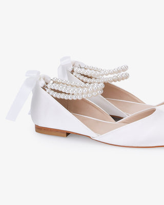 Satin Round Toe Wedding Flat with Double Pearls Ankle Strap in White