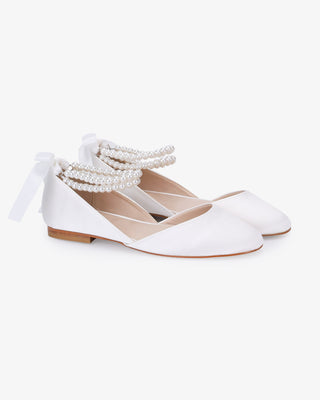 Satin Round Toe Wedding Flat with Double Pearls Ankle Strap in White