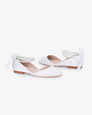 Satin Round Toe Wedding Flat with Double Pearls Ankle Strap in White