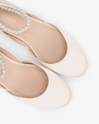 Satin Round Toe Wedding Flat with Double Pearls Ankle Strap in Ivory