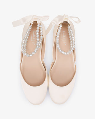 Satin Round Toe Wedding Flat with Double Pearls Ankle Strap in Ivory