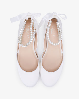 Satin Round Toe Wedding Flat with Double Pearls Ankle Strap in White