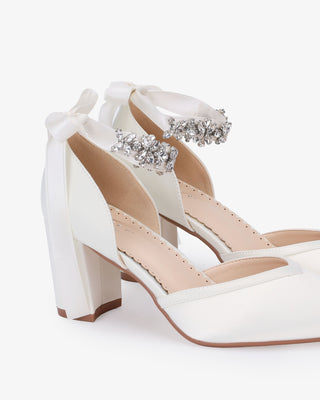 Satin Block Heels Wedding Shoes with Floral Rhinestones Ankle Strap