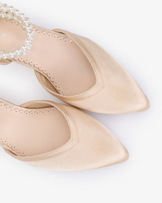 Satin Block Heels Evening Shoes with Trinity Pearls Wrap in Champagne