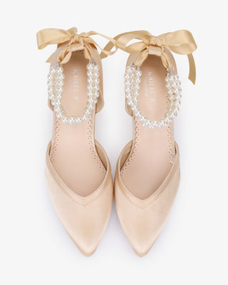 Satin Block Heels Evening Shoes with Trinity Pearls Wrap in Champagne