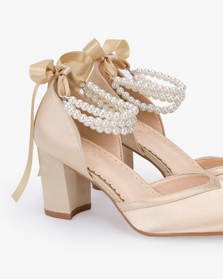 Satin Block Heels Evening Shoes with Trinity Pearls Wrap in Champagne