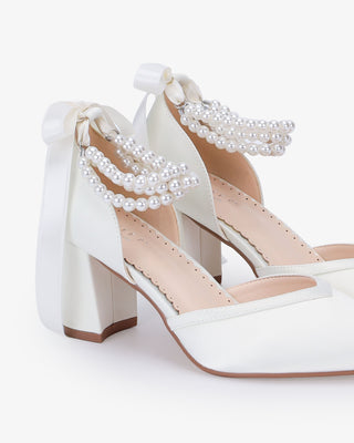 Satin Block Heels Wedding Shoes with Trinity Pearls Wrap in White